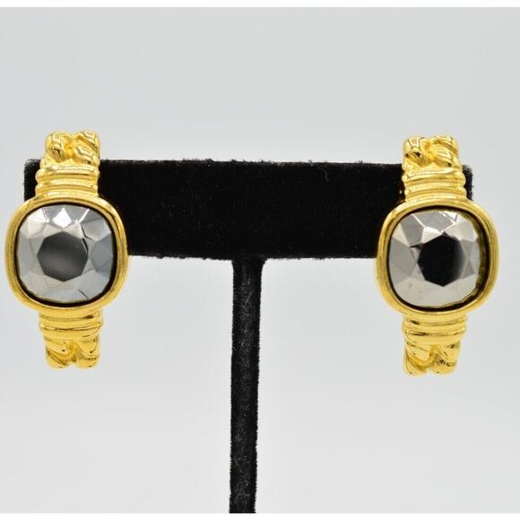 Givenchy Vintage Hematite Earrings Gray Crystal Chunky Gold Signed 1980s Bin1 - Picture 1 of 11